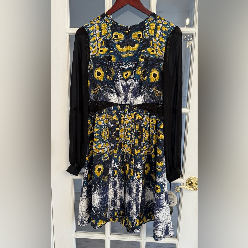 NICOLE RICHIE for IMPULSE Women's Peacock Print Sheer Sleeve Dress Size 8 NEW